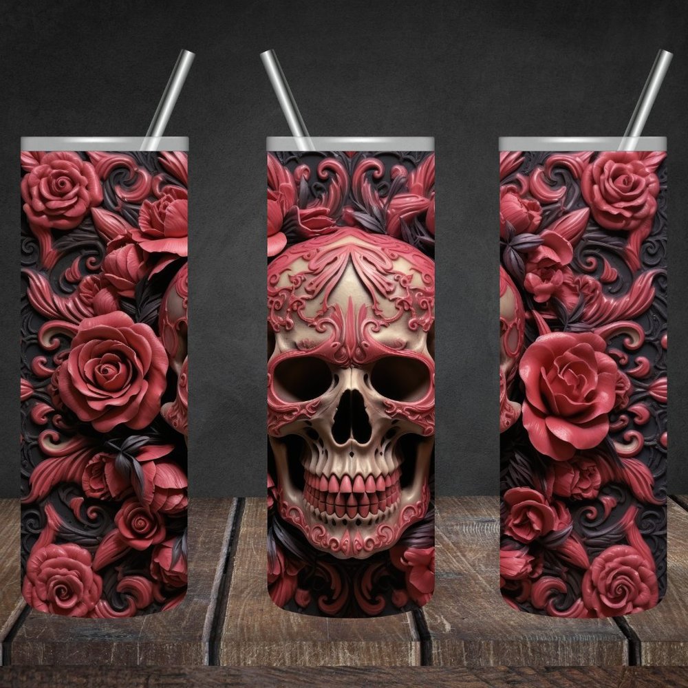 3D Pink Skull & Roses 20oz Skinny Tumbler