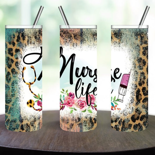 Nurse Life Leopard Print Stainless Steel 20oz Skinny Tumbler